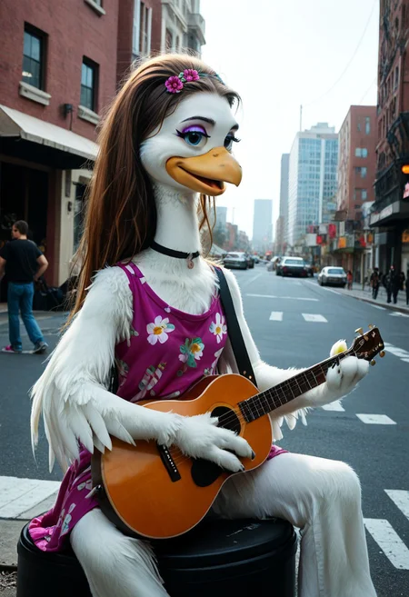 score_9, score_8_up, source_cartoon, toony, 1girl, solo, furry, bird girl, beak, white feathers, blue eyes, eyeliner, very long hair, flat hair, brown hair, straightened hair, hippie, 1970, new york, long neck, flower shirt, choker, guitar, sitting, street, acoustic guitar, outdoors, trash fire