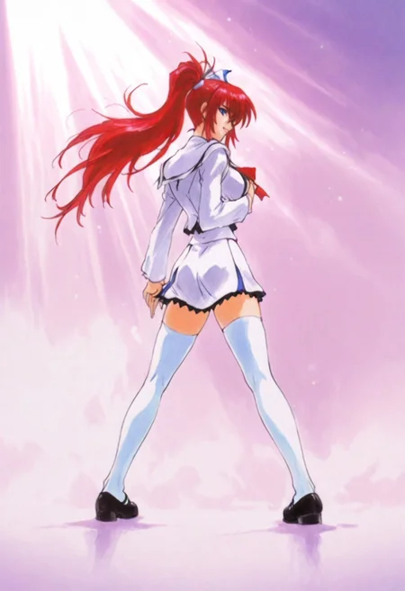safe_pos, traditional media,watercolor (medium), masterpiece, extremely detailed background, clear sharp focus, 
dynamique pose, atmospheric perspective, vanishing point, ass focus,

shiratori, red hair, blue eyes, large breasts, ponytail, long hair, white thighhighs, ribbon, skirt, school uniform, mary janes, shoes, zettai ryouiki,

looking at viewer, gentle smile, cute face, embarassed, loving look in the eyes,

standing up and taking a very sexy pose,

a classroom at dusk, sunrays, bokeh, deep fog, vivid colors, glowing white light, backlight,