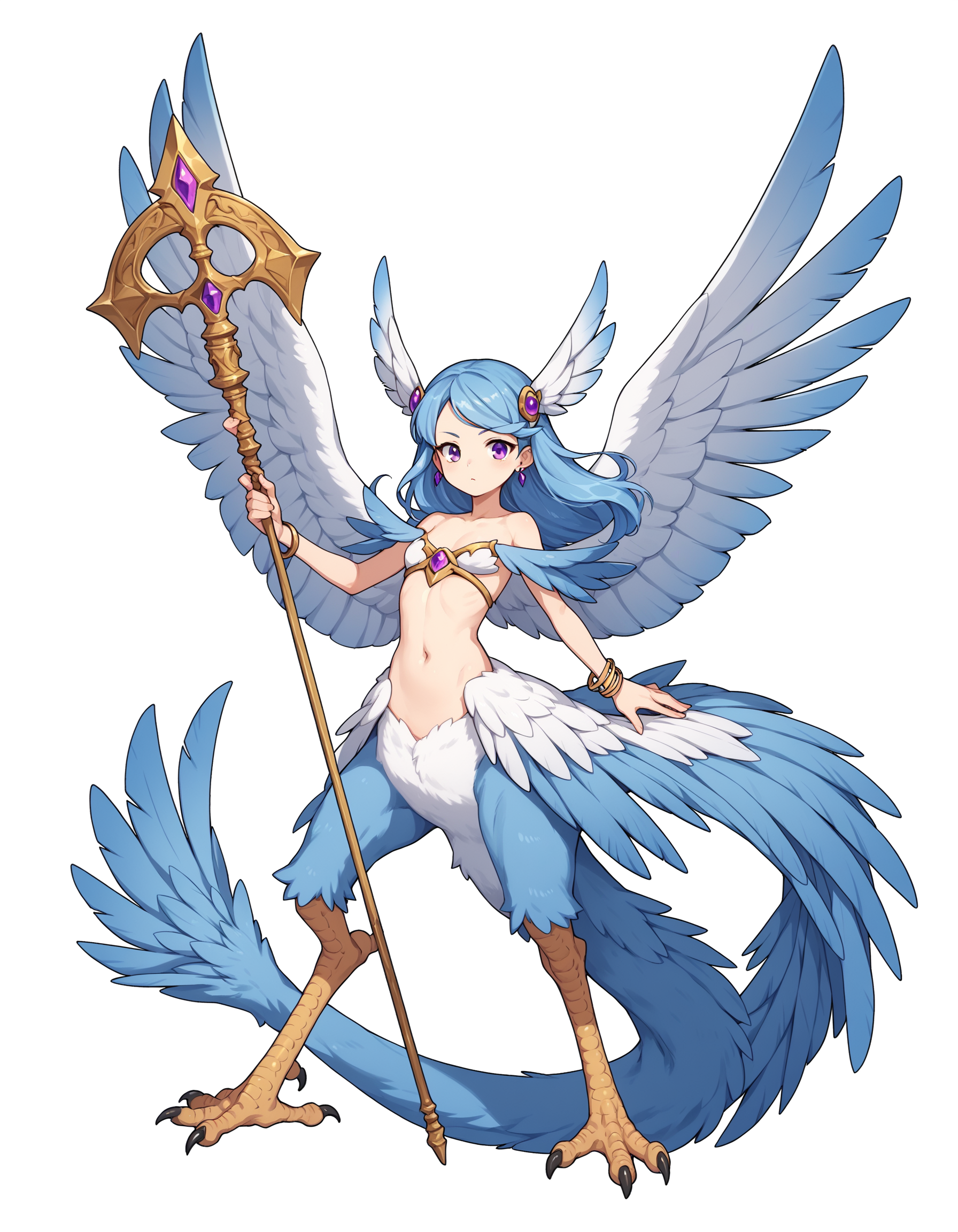 anptzisksk, 1girl, solo, long hair, looking at viewer, simple background, hair ornament, white background, navel, holding, jewelry, blue hair, purple eyes, tail, full body, weapon, white hair, earrings, small breasts, wings, holding weapon, bracelet, feathers, monster girl, polearm, head wings, feathered wings, white wings, holding polearm, taur, harpy, winged arms, talons, bird legs,, PonyXLV6_Scores, <lora:IsekaiPonyXL:0.8>