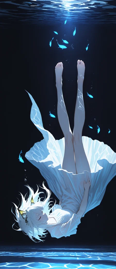 masterpiece, best quality, amazing quality, very aesthetic, absurdres, newest, Upside-Down, Wide Shot, dynamic pose, kal'tsit (arknights),underwater,air bubble,dappled sunlight,light particles,
Countless Transparent (glowing:1.2) little blue fish emit soft light like particles in the dark deep sea,fish spun around her,White nightdress see-through,Perfect legs,
Deep blue theme, BREAK long and smooth eyelashes,Close eyes, (floating hair,floating clothes:1.2),barefoot,shadowy lighting, cinematic atmosphere,
Dark Blue background, Caustics,Volumetric light, Translucent toes <lora:ponyv4_noob1_2_adamW-000017:0.7000000000000001> <lora:USNR_STYLE_XL_lokr:0.6>