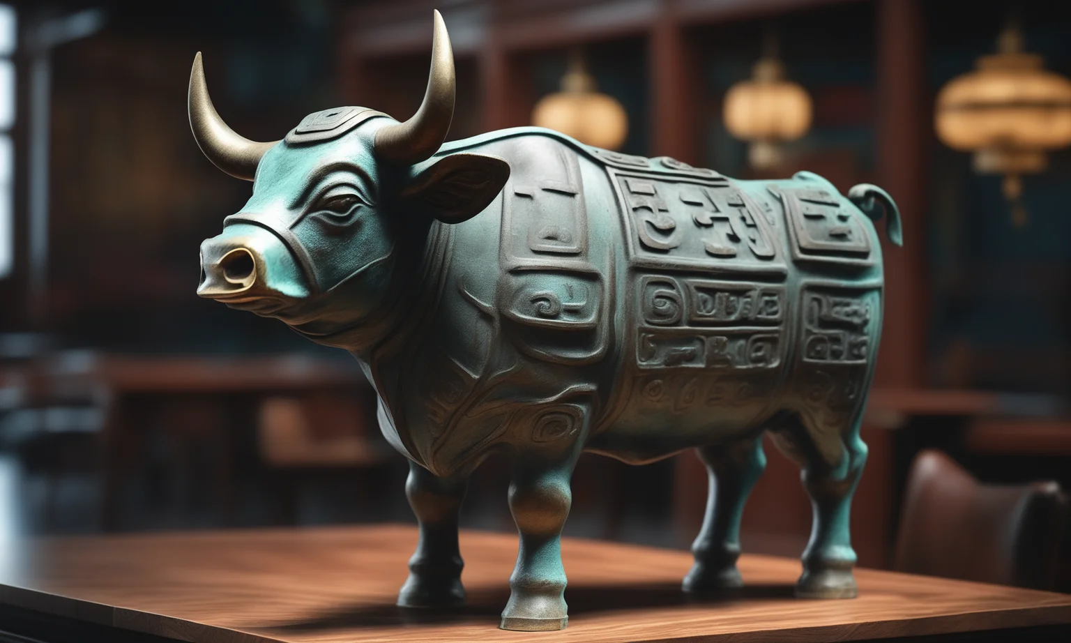 <lora:bronzecd_xl-000006:0.7>,a statue of a ox made of (bronzecd_xl,bron,cyan:0.1) in office scene,full body,miniature,tilt-shift,indoors,chinese zodiac,wooden table,cutie,cute,still life,animal statue,front view,facing viewer,looking at viewer,(Unbelievable Digital Artwork:1.3),CGSociety,ArtStation,master works, 8K, HDR, UHD, masterpiece, best quality, highly detailed, high resolution, finely detail, extremely detailed, ultra detailed, wallpaper