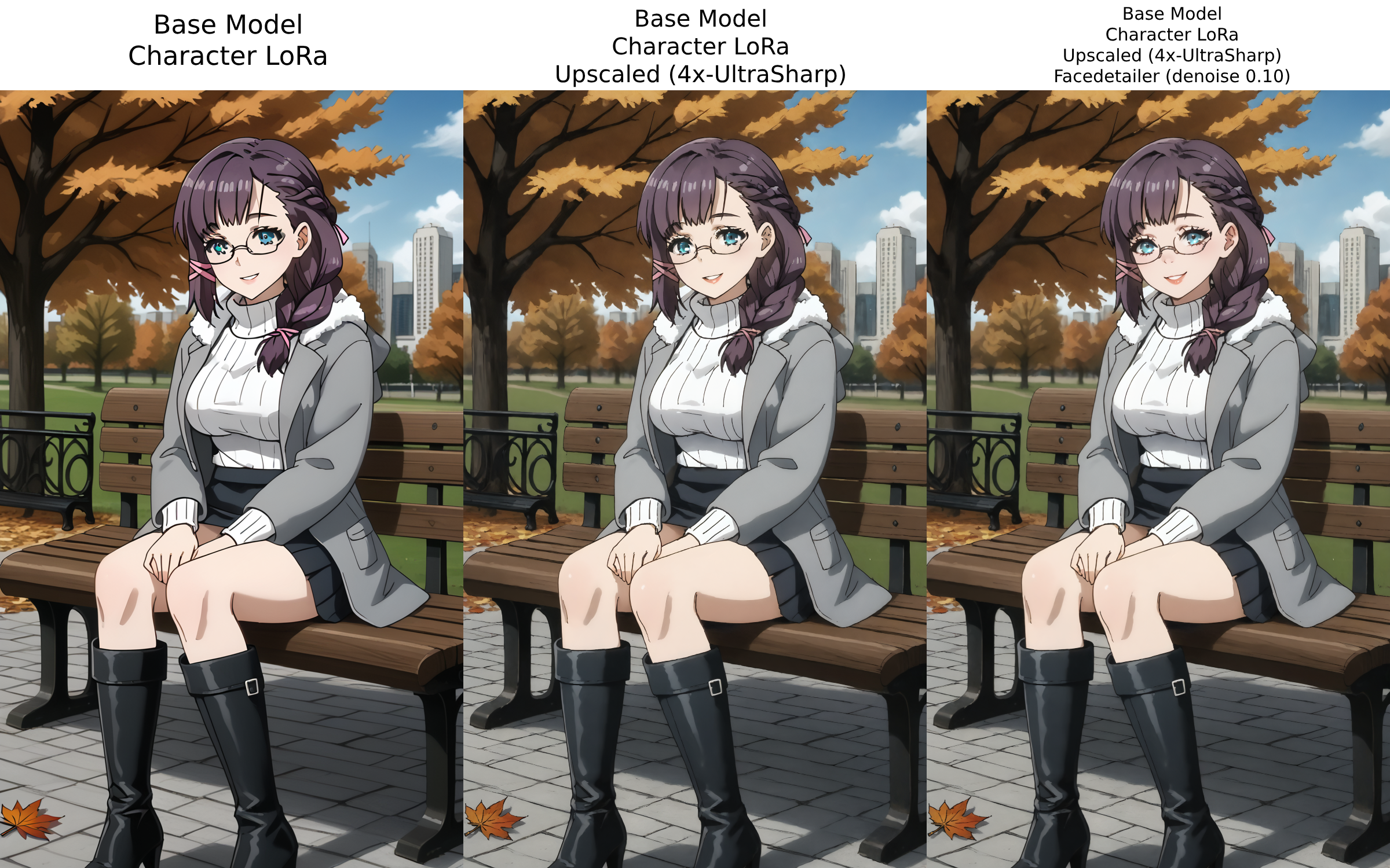 LaNell, score_9, score_8_up, score_7_up, score_6_up, score_5_up, score_4_up, source_anime, masterpiece, best quality, amazing quality, absurdres, 1girl, solo, BREAK, purple hair, side braid, braided ponytail, long hair, green blue eyes, large breasts, BREAK, glasses, thin-framed glasses, pink ribbons, long sleeves, jewelry, sitting, jacket, full body, pleated skirt, boots, outdoors, parted lips, open clothes, sky, day, hood, black skirt, medium hair, black footwear, high heels, sweater, tree, blue sky, coat, fur trim, turtleneck, knee boots, hood down, high heel boots, open coat, turtleneck sweater, winter clothes, white sweater, bench, autumn leaves, grey sweater, bare tree, autumn, cable knit, grey coat, park bench, park, boots, looking at viewer, smile