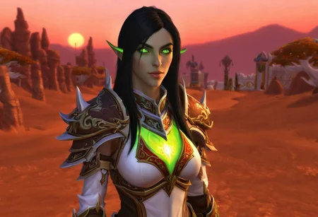 Durotar, desert, WoW blood elf female paladin, black hair, glowing green eyes, photorealistic, depth of field, <lora:Durotar-08:1.0>