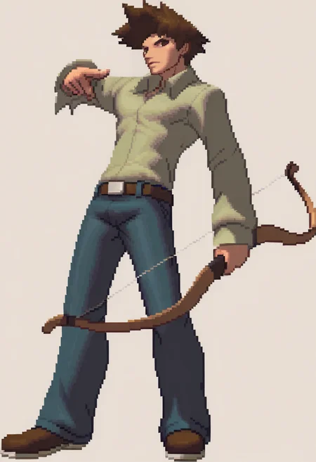 masterpiece, best quality, solo, 1boy, looking at viewer, <lora:Guide-illus_Fp-000005:1>, guidetre, brown hair, brown eyes, short hair, spiked hair, green shirt, collared shirt, belt, blue pants,  <lora:KOF-XIII-Sprites-illus_Fp:1>, simple background, pixel art, full body, bow \(weapon\),
