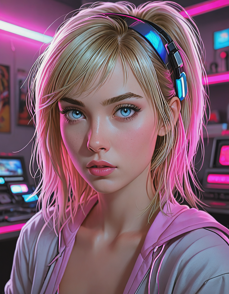 tilt-shift photo of Create a realistic depiction of an 80s-inspired bedroom scene featuring a young gamer girl with Frank Cho and Charlie Bowater art style influences, the room should be filled with neon colors and band posters, while the computer screen emits soft light on her face as she plays retro games at night, her alluring appearance includes upturned nose, delicate jawline, captivating blue eyes, pouty full lips adorned in pink lipstick, skinny figure, . selective focus, miniature effect, blurred background, highly detailed, vibrant, perspective control,