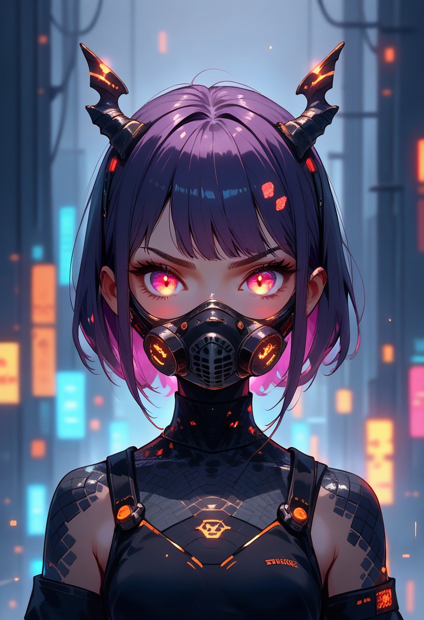 (score_9,score_8_up,score_7_up,score_6_up), moves with fluid grace,their luminescent skin reflecting the neon glow of the futuristic skyline. Their otherworldly eyes,pulsating with hues of violet and amber,scowl,body scales,portrait,wearing a full faced mask,emitting glowing energy,intense gaze,hair made of gold,small breasts, kawaii cyberpunk, kawaii cyberpunk style, vibrant, pastel color palette, dynamic hair design, kawaii clothing style, tech-inspired accessories, glowing effects, kawaii aesthetic, chibi aesthetic, whimsical floating objects, popping visual effects, fantasy elements, detailed accessories