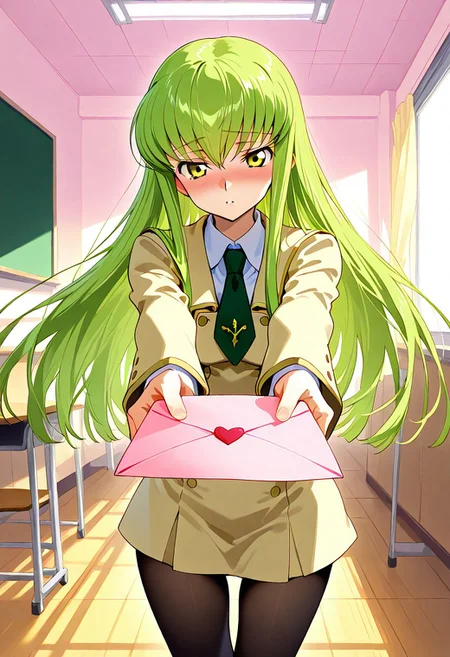 Expressiveh, score_9, score_8_up, score_7_up, score_6_up, score_5_up, score_4_up, godrays, solo, 1 girl, c.c., green hair, yellow eyes, long hair, ashford academy school uniform, black pantyhose, tan uniform, love letter, heart, valentine, letter, confession, incoming gift, outstretched arms, classroom, living room, detailed background, perfect eyes, fFaceDetail,
