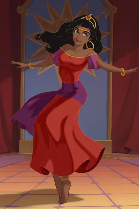 score_9, score_8_up, score_7_up, score_6_up, score_5_up, score_4_up, BREAK, <lora:Esmeralda:.8>, 1girl, Esmeralda, dark skin, green eyes, black hair, earring, red dress, off shoulder, tiara, bracelet, anklet, barefoot, standing, smiling, closed mouth, dancing