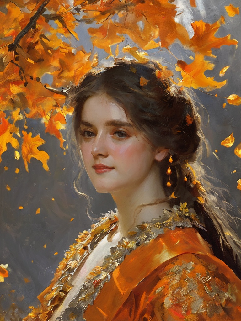 sargent,1girl,fire,burning,autumn,orange_theme,autumn_leaves,orange_flower,solo,flame,leaf,ginkgo_leaf,long_hair,best quality,masterpiece,extremely detailed,finely detail,highly detailed,jewelry,(metalisk:1.1),(metal reflection:1.1),<lora:sargent:0.85>,