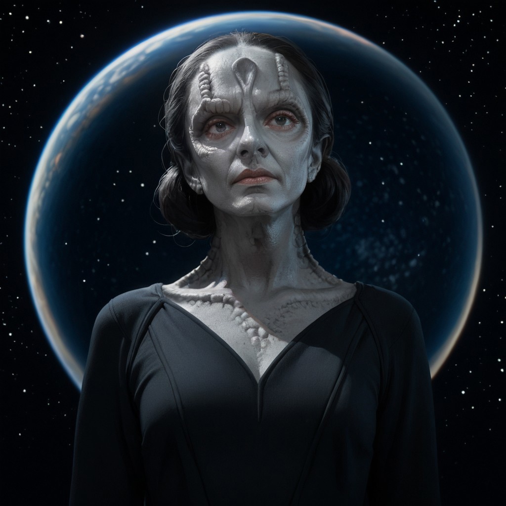 score_9, score_8_up, score_7_up, score_6_up, score_5_up, score_4_up, 1girl, Cardassian, solo, grey skin, black dress, low neckline, space background