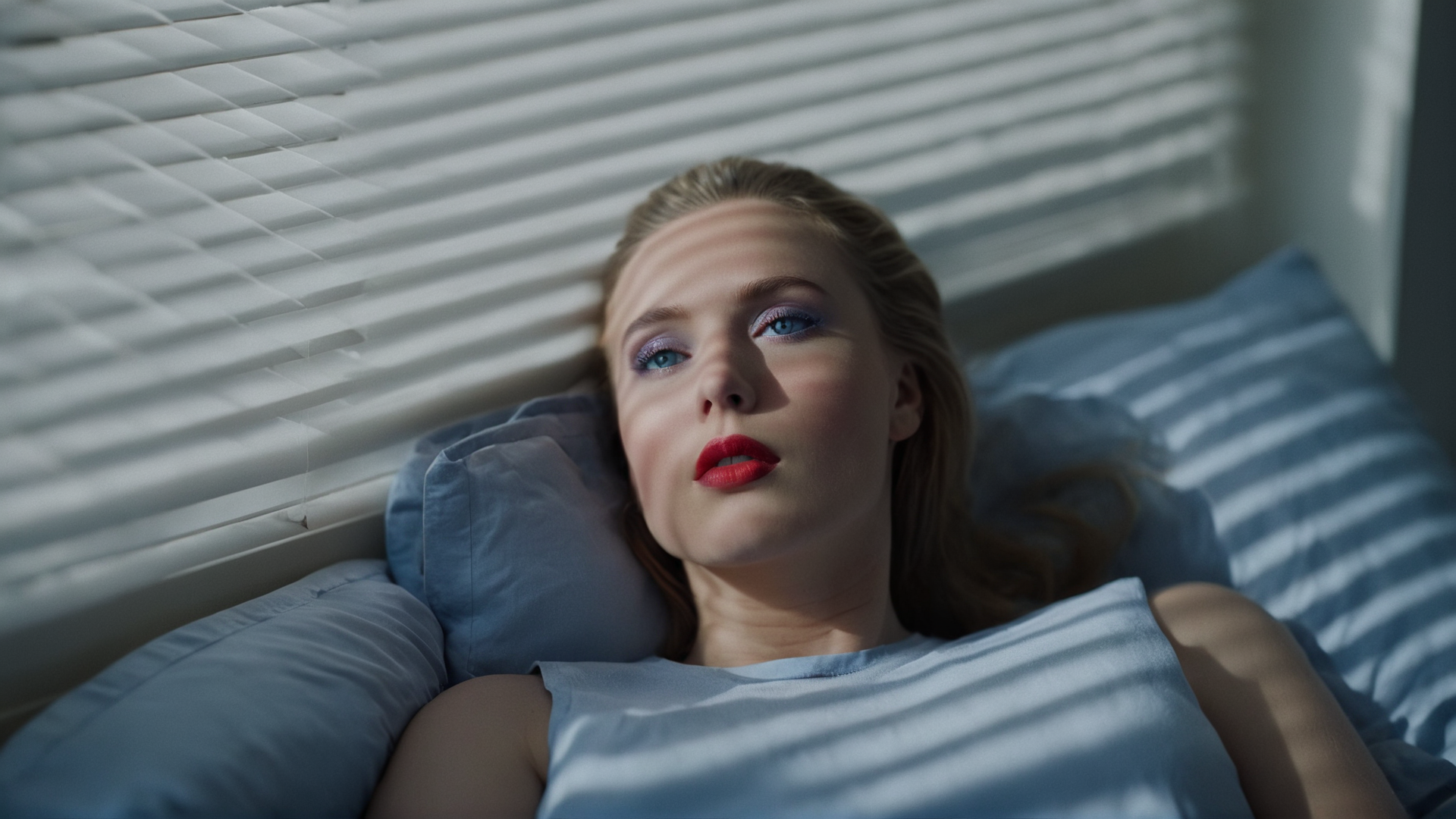 cinematic film still of  <lora:Unreal Engine style:0.3>
 <lora:detailed:0.3>
<lora:perfection style:0.3>
 <lora:Chiaroscuro Lighting Style:0.1>
 <lora:Fine art photography style:0.3>
 <lora:casting shadow style v2:1>
From above, A cucoloris patterned illumination casting a window shadow on a red lips woman laying in bed with her head on her hands,1girl,solo,blue eyes,lying,parted lips,on back,blurry,realistic,cinematic,film,filmic,casting shadow,venetian blinds casting shadow light,shadow on face,face partially covered in shadow,different shadow,window casting shadow light,cinematography,detailed,detailed background,detailed face,high quality,8k,cuculoris,kookaloris,cookaloris or cucalorus,light modifier,different light pattern,creative light,unique shadow , casting shadow style, shallow depth of field, vignette, highly detailed, high budget, bokeh, cinemascope, moody, epic, gorgeous, film grain, grainy
