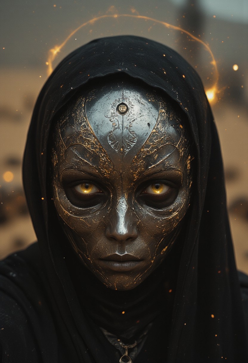 An extreme close-up of the nun’s face, framed by the intense, gritty realism of an old analog camera. The mechanical hknuns nun wears a detailed, ancient silver mask, its surface weathered and battle-scarred, yet intricately adorned with delicate engravings. The mask reflects the faint glow of divine energy, with radiant golden and white light flickering across its surface, highlighting every crevice and contour. Light shimmers and dances along the metallic surface, casting sharp contrasts between the glowing highlights and the deep shadows that fill the engraved details.
The eyes of the mask are hollow and eerie, yet there’s an ethereal light faintly pulsing from within, suggesting a divine power concealed behind the cold steel. Around her, the chaotic swirl of a dense, raging sandstorm blurs the edges of the image, creating an atmosphere of both serenity and violence. The violent storm is reflected in the shiny mask, capturing the dark, swirling sands while beams of holy light flicker from her weapon, illuminating her haunting presence in the middle of the storm.