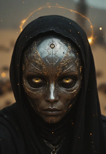 An extreme close-up of the nun’s face, framed by the intense, gritty realism of an old analog camera. The mechanical hknuns nun wears a detailed, ancient silver mask, its surface weathered and battle-scarred, yet intricately adorned with delicate engravings. The mask reflects the faint glow of divine energy, with radiant golden and white light flickering across its surface, highlighting every crevice and contour. Light shimmers and dances along the metallic surface, casting sharp contrasts between the glowing highlights and the deep shadows that fill the engraved details.
The eyes of the mask are hollow and eerie, yet there’s an ethereal light faintly pulsing from within, suggesting a divine power concealed behind the cold steel. Around her, the chaotic swirl of a dense, raging sandstorm blurs the edges of the image, creating an atmosphere of both serenity and violence. The violent storm is reflected in the shiny mask, capturing the dark, swirling sands while beams of holy light flicker from her weapon, illuminating her haunting presence in the middle of the storm.