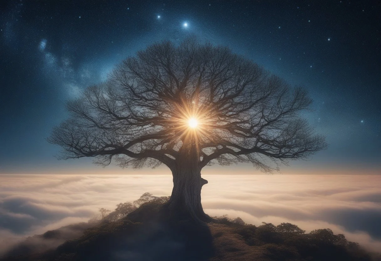 majestic tree above the clouds with sun and stars in the background