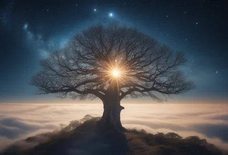 majestic tree above the clouds with sun and stars in the background