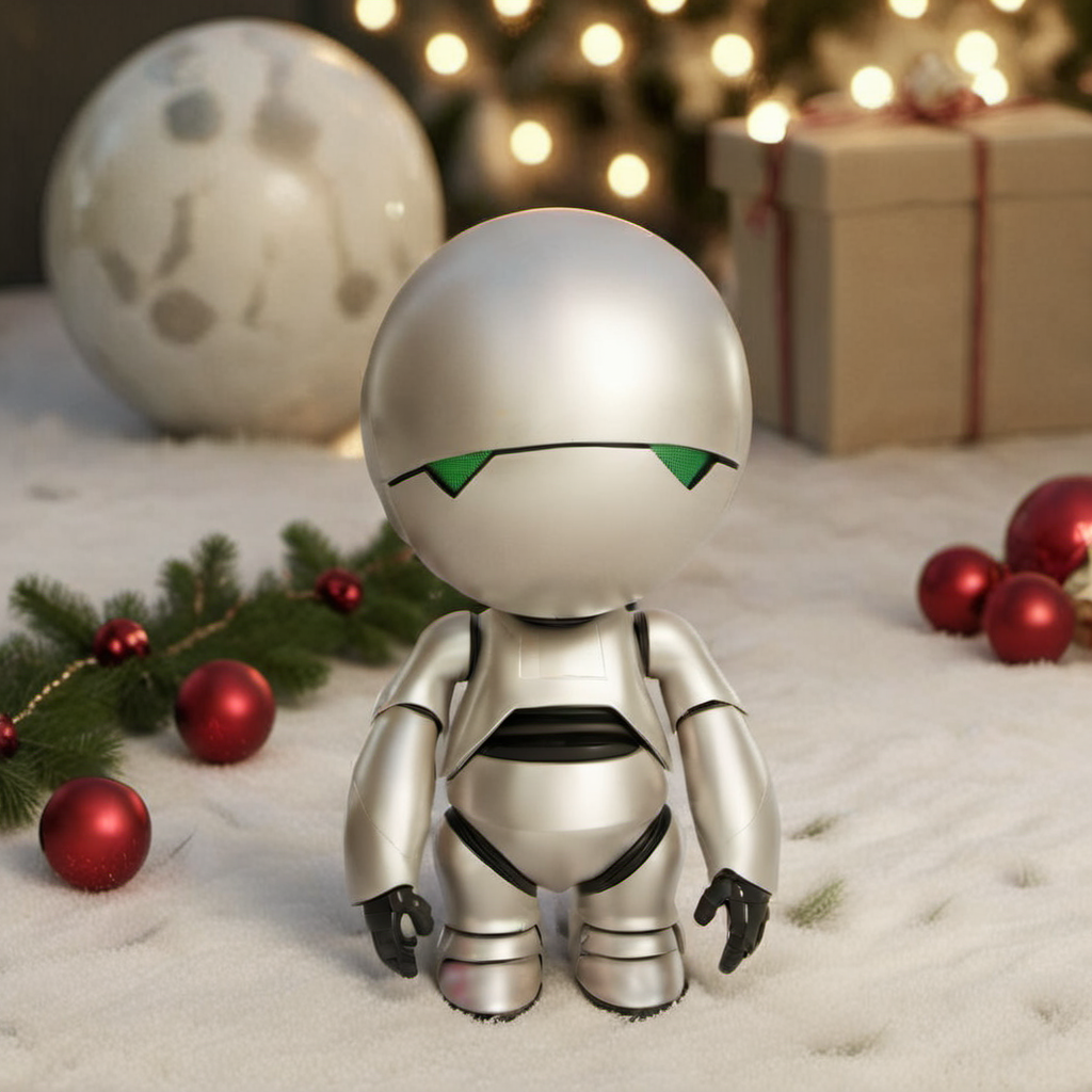 Marvin1024, a depressed robot for christmas, christmas scenery , features intricate detail, detailed eyes, highly detailed, photography, ultra sharp, film, bokeh, professional, 4k <lora:Marvin1024:0.8> <lora:add-detail-xl:2>