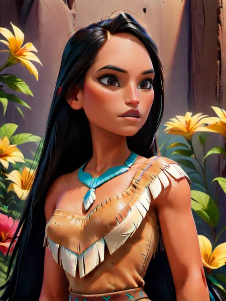 princess outfit, pocahontas, A woman with long black hair wearing a tribal outfit and a turquoise necklace, brown eyes, upper body, flower, freckles,   
<lora:princess_rc_il:0.9>