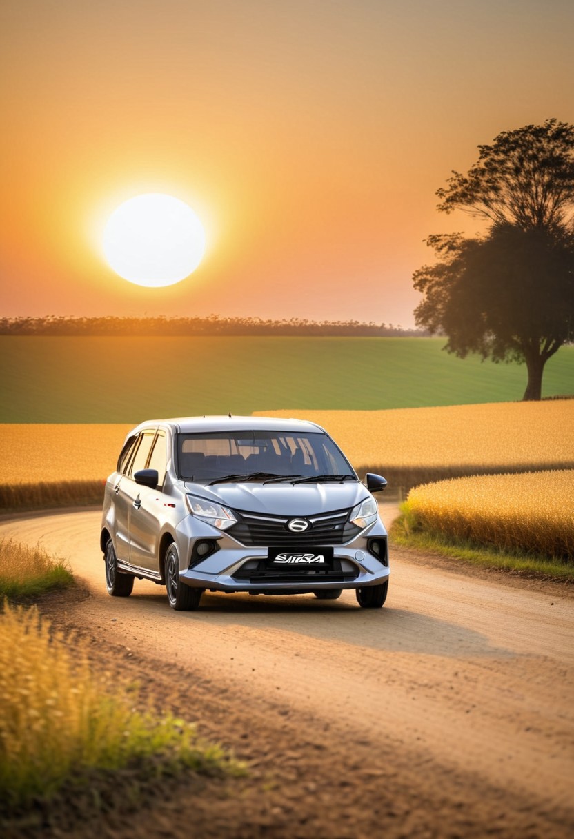 high resolution, best quality, Car, Daihatsu Sigra, Country lane, golden fields, setting sun,