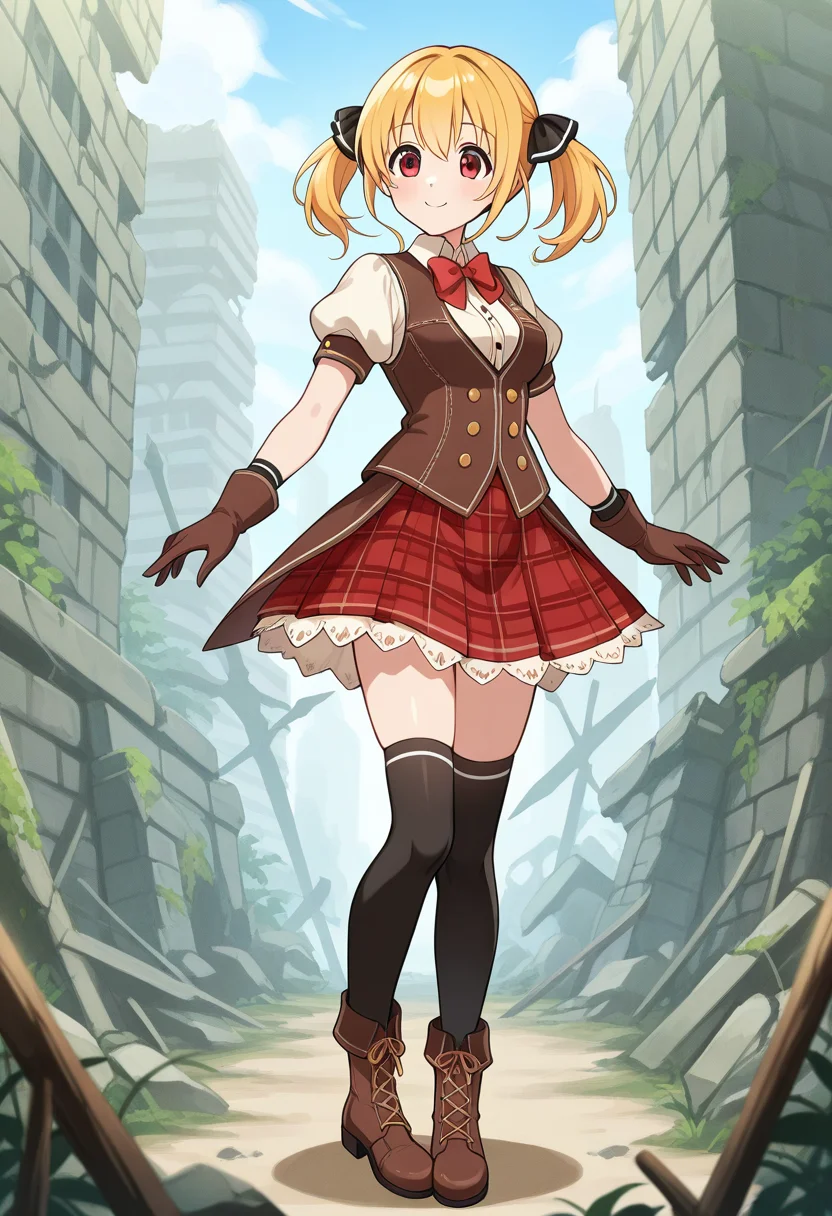 1girl, solo, lorelumilanru, blonde hair, short twintails, hair ribbon, red eyes, bowtie, collared shirt, puffy short sleeves, vest, buttons, medium breasts, plaid skirt, thighhighs, gloves, boots, outdoors, ruins, standing, smile, full body,