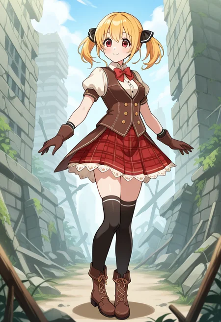 1girl, solo, lorelumilanru, blonde hair, short twintails, hair ribbon, red eyes, bowtie, collared shirt, puffy short sleeves, vest, buttons, medium breasts, plaid skirt, thighhighs, gloves, boots, outdoors, ruins, standing, smile, full body,