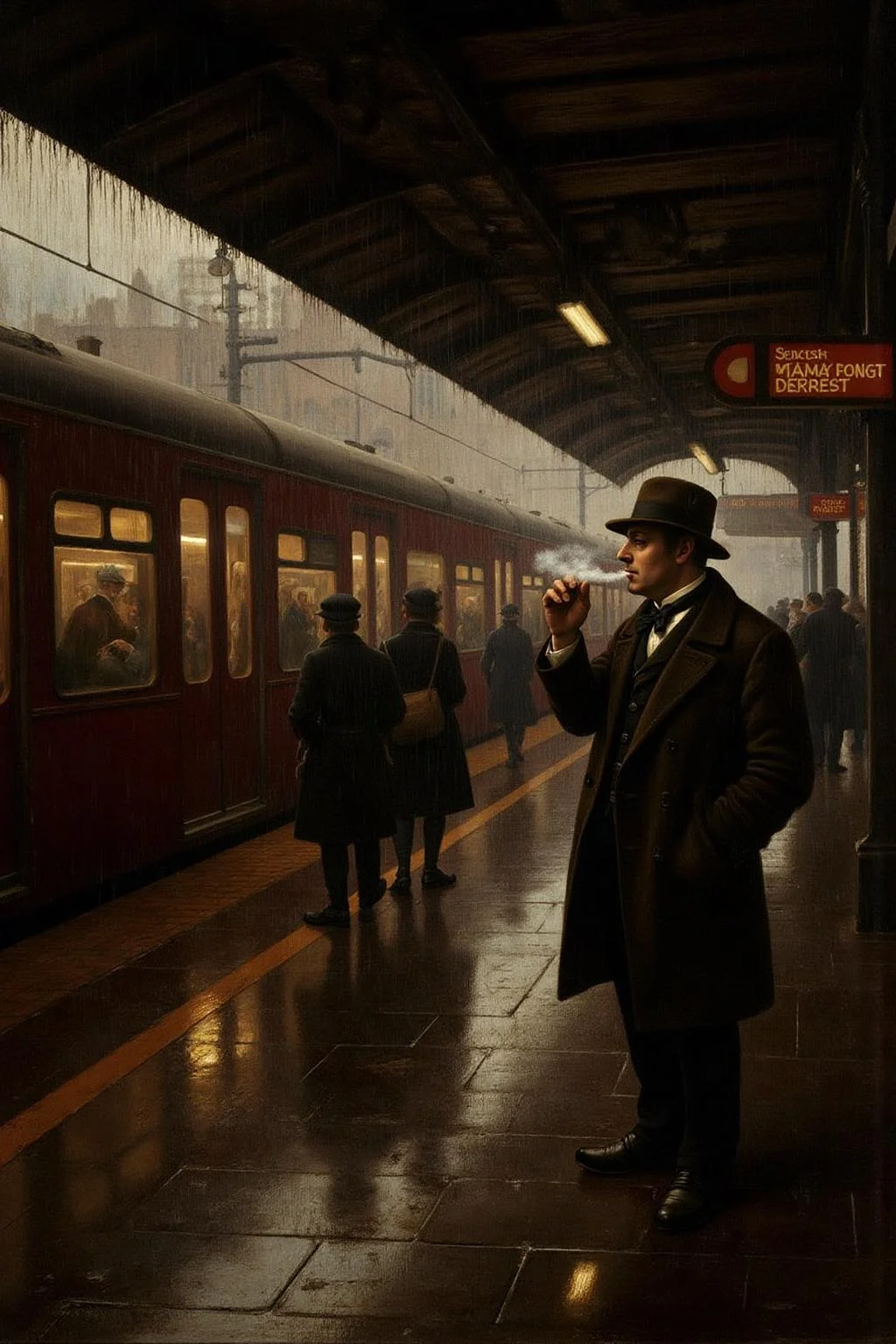 davinci1 painting.
a man smoking at a busy trainstation in the rain. <lora:davinci1_cap_d6a3e12:1.0><lora:852110388903310321:0>