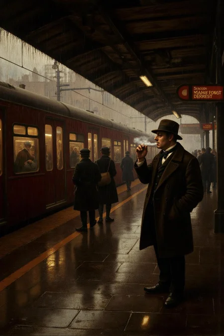 davinci1 painting.
a man smoking at a busy trainstation in the rain. <lora:davinci1_cap_d6a3e12:1.0><lora:852110388903310321:0>