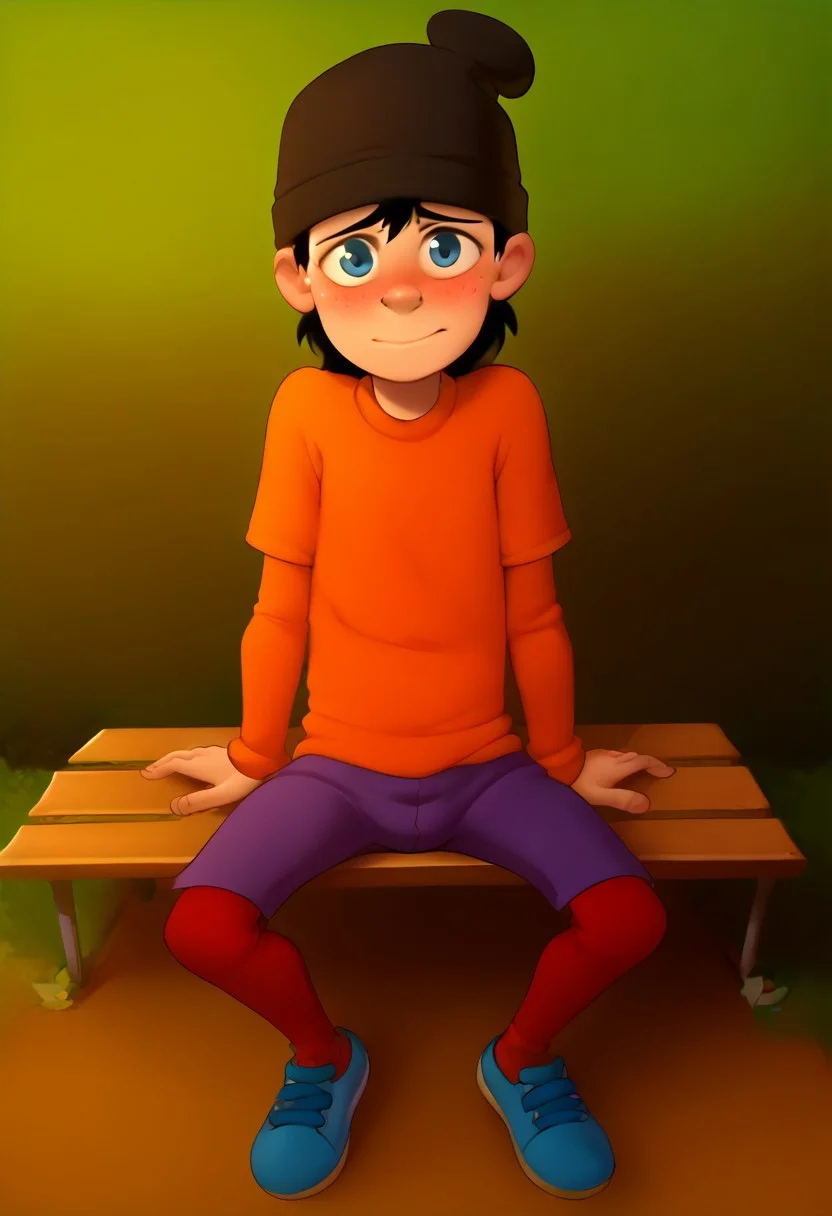 score_8, score_8_up, score_7_up, score_6_up, source_cartoon, flat shading, good_hands, BREAK, 1boy, solo, male focus,, Double D, beanie, black hair, orange shirt, purple shorts, red socks, blue shoe, park background, trees, pond, bench, sitting, looking at viewer, blushing, shy, embarrassed, from above,
