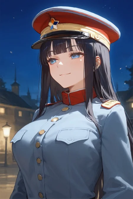 score_9,score_8_up,score_7_up,masterpiece,best quality,absurdres,high resolution,extremely detailed,1girl,solo,evil smile,smug,
<lora:zhiliarmy-XLpony-v1:1>,black long hair,hime cut,blunt bangs,blue eyes,looking to the side,from side,large breasts,buttons,military,military uniform,peaked cap,uniform,Cerulean uniform,ZAU,cap badge,hat badge,five color star badge,red collar,zhili army uniform,red line,night sky,outdoors,