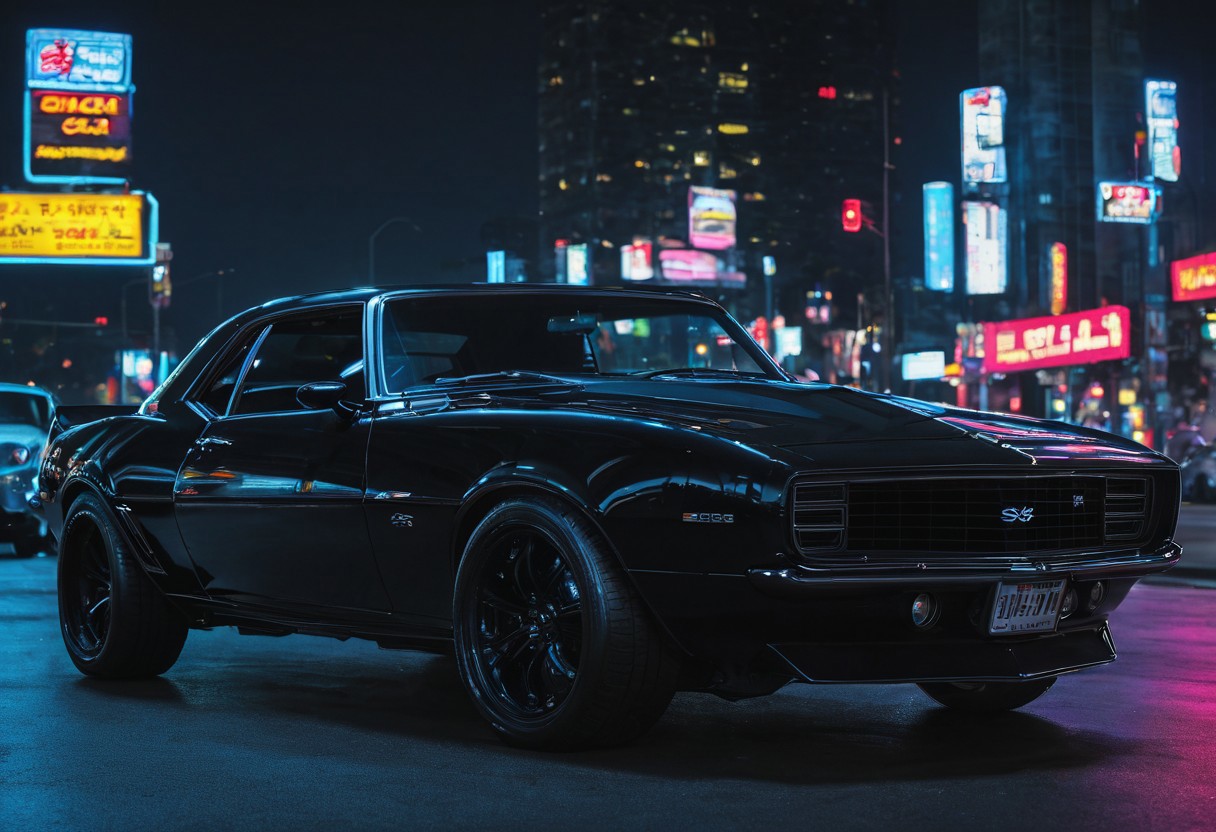 black camaro, cyberpunk city, night time, neon lights