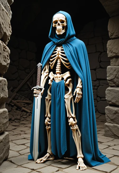 80s Fantasy Movie Still, The image shows a person dressed up as a skeleton standing in a dark cave. The person is wearing a blue cloak and armor with a skull-like mask covering their face. They are holding a large sword in their right hand and their left hand is resting on their hip. The cave walls are made of stone and the floor is made of concrete. The overall mood of the image is eerie and mysterious.