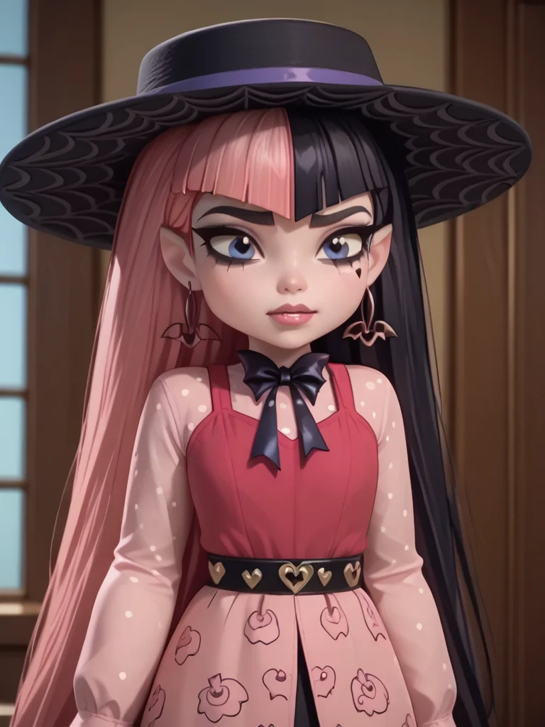 <lora:Draculora:1>draculaura, streaked hair, two-tone hair, pink hair, black hair, 1girl, long hair, solo, hat