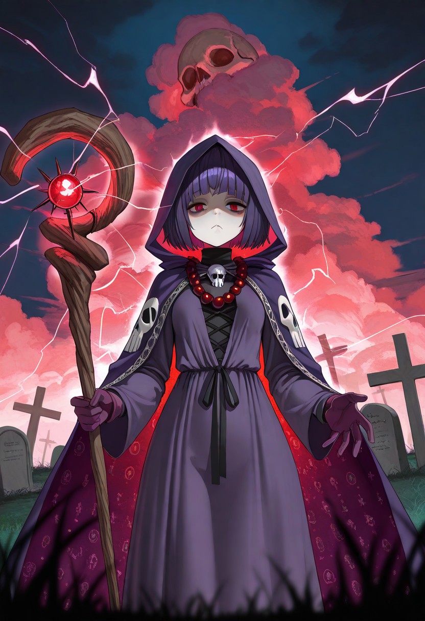 masterpiece, best quality, very aesthetic, absurdres, 
1girl, solo, cowboy_shot, 
rookie necromancer, 
red eyes, bags under eyes, purple hair, short hair, longs bangs, blunt bangs, bob cut, small breasts, pale skin, 
hooded cape, torn cape, floating cape, purple cape, print cape two-sided cape, hood up, bead necklace, prayer beads, purple jacket, cross-laced clothes, long sleeves, turtleneck dress, purple gloves, long dress, purple robe, 
holding staff, skull_staff, 
standing, looking at viewer, closed mouth, :<, shaded face, outstretched arms, expressionless, 
outdoors, night, tombstone, grave, plant, graveyard, too many tombstones, cumulonimbus cloud, glowing, aura, glowing, night sky, electricity, grass, depth of field, blurry foreground, red lighting, 
az-ys-il