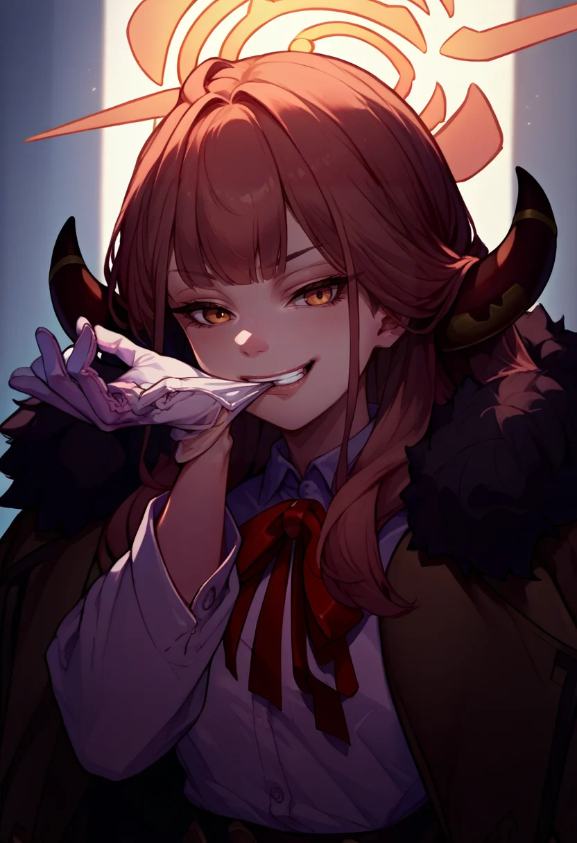 score_9, score_8_up, score_7_up, source_anime, 1girl, glove biting, mouth hold, <lora:AdjustingGlovesWithLips_XLPD:1>, upper body, seductive smile, <lora:ChamRikuhachimaAruPonyXL:0.9>, AruBase, long hair, horns, halo, dress shirt, white shirt, long sleeves, red neck ribbon, white gloves, coat on shoulders, fur-trimmed coat,