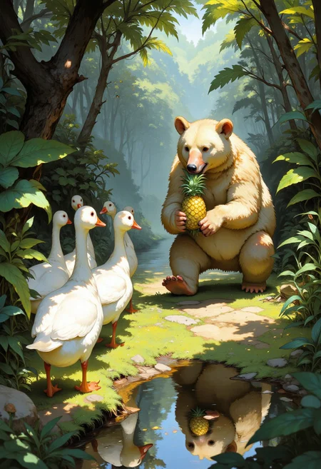 a secluded tropical grove, group of white geese walking in a single file along, reflection, one beautiful shadowed grizzly bear with long fur is eating a pineapple, bear paws, bear ears, lush vegetation, botanical garden, foliage, glowing, soft pastel colors, best quality, double exposure, realistic, whimsical, fantastic, splash art, intricate detailed, hyperdetailed, maximalist style, photorealistic, concept art, sharp focus, harmony, serenity, tranquility, mysterious glow, soft colors, ambient occlusion, halation, cozy ambient lighting, dynamic lighting, masterpiece, award winning, DB4RZ, DB4RZ style painting, digital illustration, anime, illustrious_style
