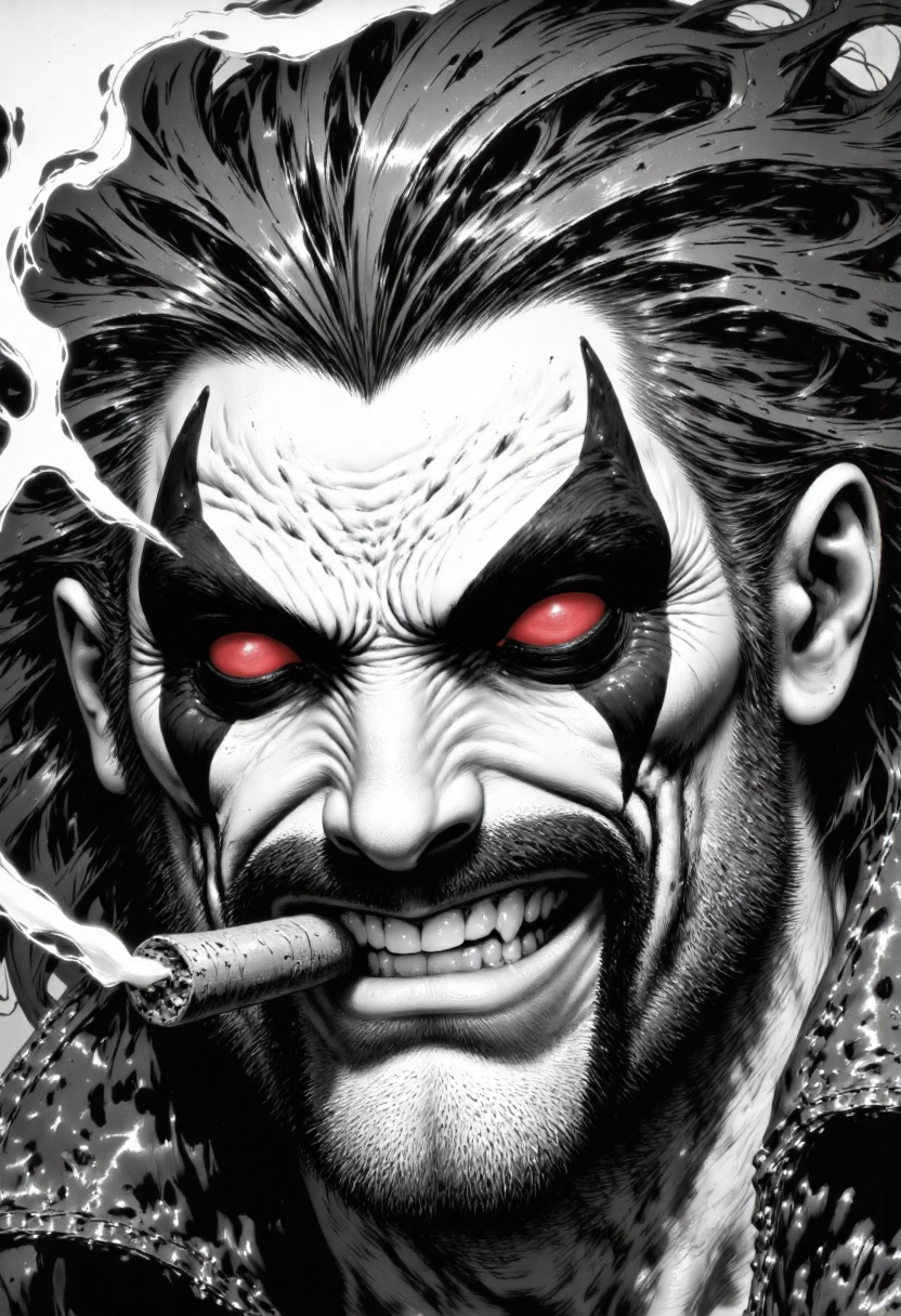 a close-up of L0b0Dc man, face, pencil black and white drawn of L0b0Dc man smoking a big cigar<lora:CustomFlux/L0b0Dc.safetensors:1.0:1.0> <lora:CustomFlux/MysticFantasy.safetensors:1.0:1.0>