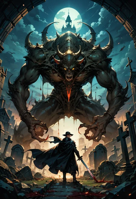 score_9, score_8_up, score_7_up, 1boy, hat, yellow eyes, weapon, floating cloak, gothic, cloud, slashing, action shot, battle, monsters, blood, holding sword, graveyard, night sky, ruins,
fill light soft shadows lighting, absurdres, chiaroscuro, light particles, blurry background, dof
<lora:DetailedEyes_V3:0.5> <lora:add-detail-xl:0.5>