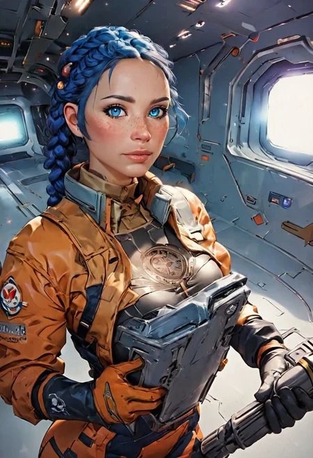 score_9,score_8_up,score_7_up,score_6_up, source_illustration, a cute thin girl with long blue braided hair, blue eyes, fair skin, freckles,wearing a (space suit:1.2), small breasts, tattoos; standing in the corridor of a spaceship, looking directly at the viewer, view from above; dimly lit, dark lighting, volumetric soft light, hazy, intricate details, rating_explicit, nostromostyleai, starship interior, space outside, grungy and worn-down spaceship corridors, no windows, nostromostyleai, m41apls, holding a pulserifle,