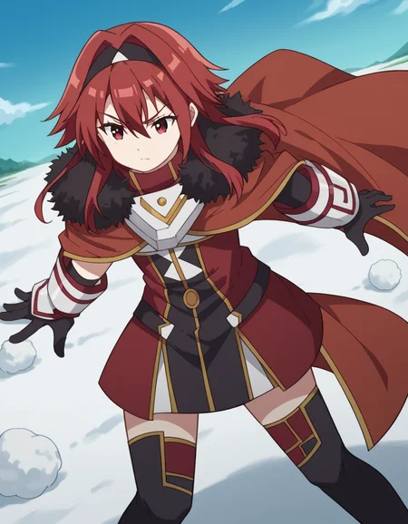 score_9, score_8_up, score_7_up, source_anime, <lora:bofuri-mii-s2-ponyxl-lora-nochekaiser:1>, mii, long hair, bangs, red eyes, hair between eyes, sidelocks, red hair, hairband, black hairband,, gloves, black gloves, cape, armor, fur trim, red cape,, snow day, winter clothes, snowball fight, laughter, cold breath, white landscape, , , foot on tiptoe, hand behind back, elbow bent, solo,, cowboy shot, dutch angle