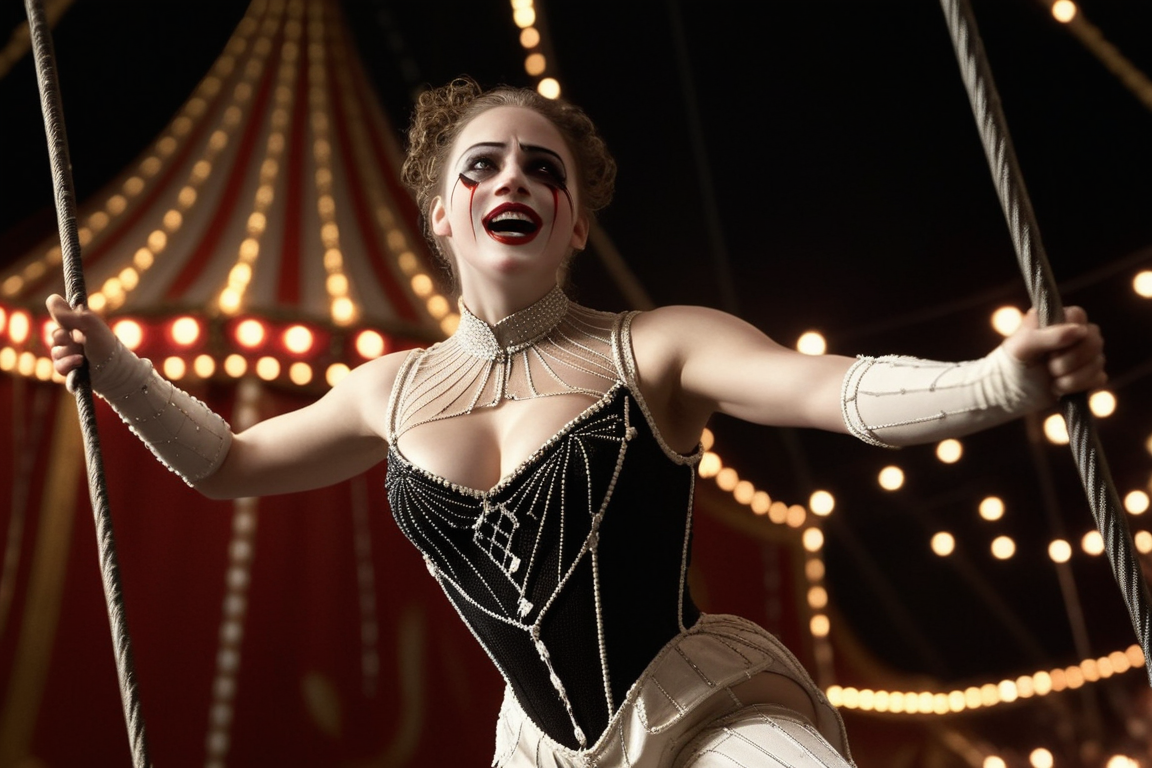 dramatic action, detailed, masterpiece, sharp focus, night, aerialist, 1girl,  trapeze, perfect face,  massive breasts, realistic breasts, wearing beaded bodysuit,  blurry background, night circus circa 1885  <lora:nightcircus-SDXL:0.6> n1ghtc1rcus, (sarcastic smile:0.5)