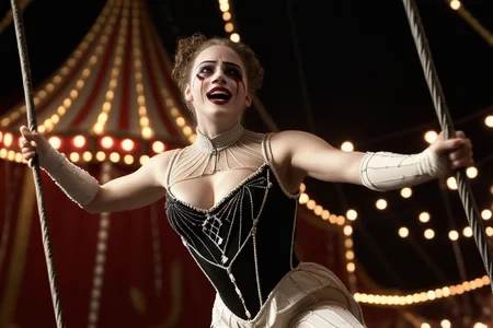 dramatic action, detailed, masterpiece, sharp focus, night, aerialist, 1girl,  trapeze, perfect face,  massive breasts, realistic breasts, wearing beaded bodysuit,  blurry background, night circus circa 1885  <lora:nightcircus-SDXL:0.6> n1ghtc1rcus, (sarcastic smile:0.5)