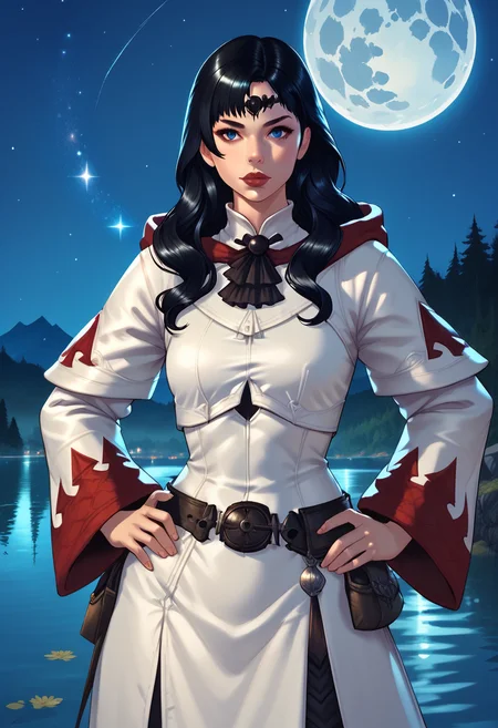 zPDXL,score_9, score_8_up, score_7_up, source_anime, 1girl, solo, cowboy shot, lake, night, starry sky, full moon, mountainous horizon,
<lora:Gaia_FFXIV:.75> gaia \(ff14\), blue eyes, lips, black hair, hands on hips,
  <lora:Healers_Attire_FFXIV-White_Mage_AF1:.8> white mage, belt, hood, pouch, robe, belt pouch, circlet