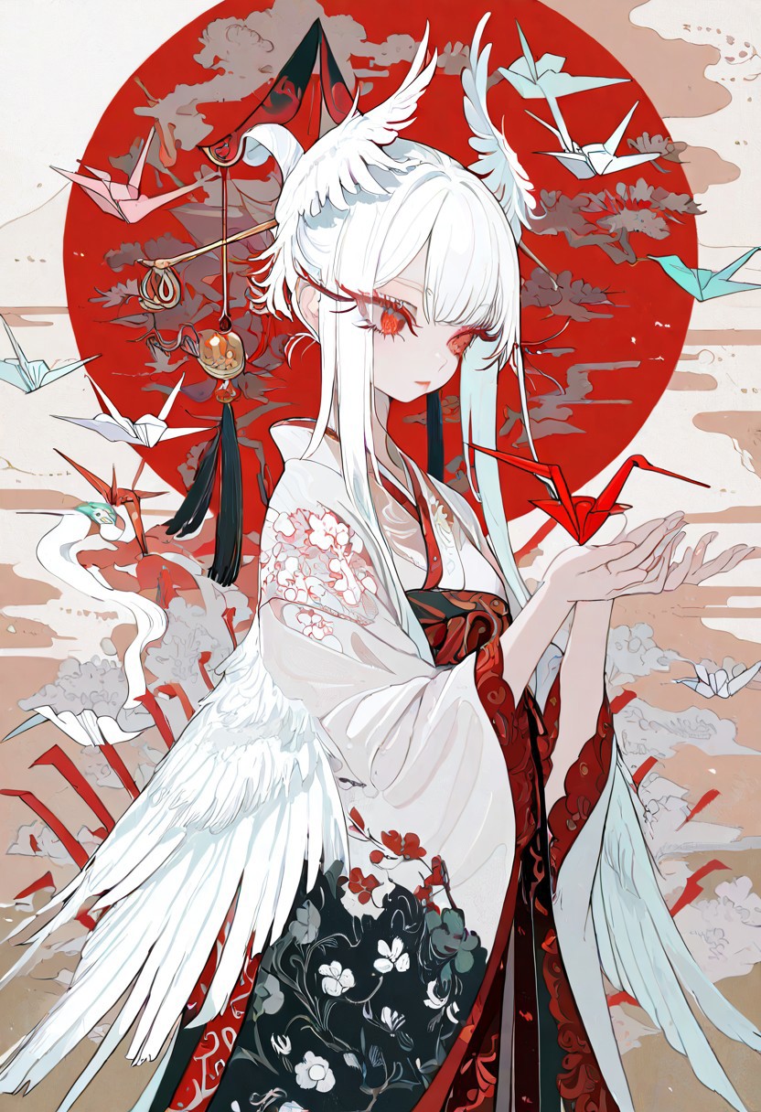1 girl , solo , crane girl , wings , ((long eyelashes , feather eyelashes)) , white feather with red tip, red eyelashes , white hair , floating paper crane , feather hair , floral print ,
masterpiece, best quality, good quality, very awa, newest, highres, absurdres, l1nz40yu