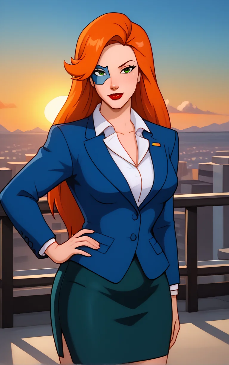 score_9, score_8_up, score_7_up, looking at viewer, BREAK
SkirtSuit_FoxXanatos_ownwaifu,
1girl, eye mask, facial tattoo, green eyes, long hair, orange hair, lipstick, makeup, red lips,
formal, collared shirt, suit, white shirt, pencil skirt, blue jacket, miniskirt, skirt suit,
(contrapposto, hand on hip), sunset, sidelighting, cityscape, outdoors, <lora:PONYXL_Gargoyles_FoxXanatos_ownwaifu:1> , depth of field, solo,