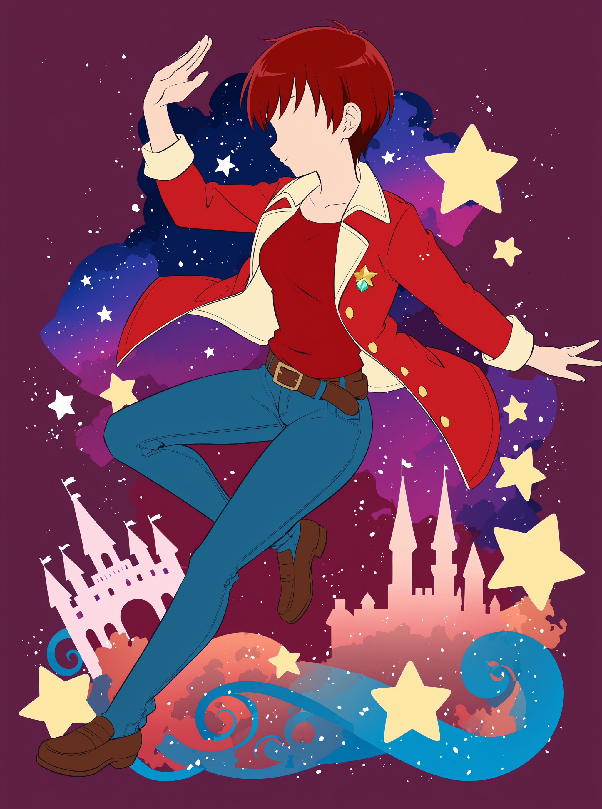 best quality, masterpiece, absurdres, very authentic, intricate, 1girl, (solo:1.2), full body, KenjouAkira, short hair, Akira's jacket, open jacket, red t-shirt, belt, belt buckle, jeans, loafer, dynamic pose, faceless female, star night, galaxy, gem, castle, sambanekostyle, silhouette, <lora:CureChoco-anxl31-000062:0.5>, <lora:SambaNekoStyle:0.9>, (simple background:1.4),