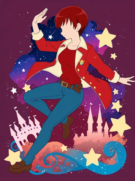 best quality, masterpiece, absurdres, very authentic, intricate, 1girl, (solo:1.2), full body, KenjouAkira, short hair, Akira's jacket, open jacket, red t-shirt, belt, belt buckle, jeans, loafer, dynamic pose, faceless female, star night, galaxy, gem, castle, sambanekostyle, silhouette, <lora:CureChoco-anxl31-000062:0.5>, <lora:SambaNekoStyle:0.9>, (simple background:1.4),