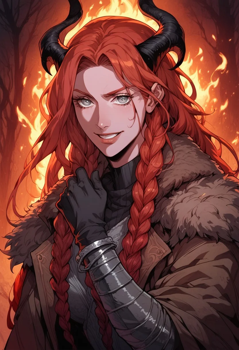 score_9, score_8_up, score_7_up, 1girl, solo, young, smiling, redhead, gray eyes, long hair, braids, demon horns, black horns, athletic physique, brown cloak, thick coat, wool cloack, leather belts, wool gloves, wool clothes, nordic style, northern outfit, black and white clothes, bracelets, close up, portrait, sitting, nightime, all dark, forest, dark surroundings, fire illuminating her face, shadows, <lora:Castlevania_Style_Pony:0.7>