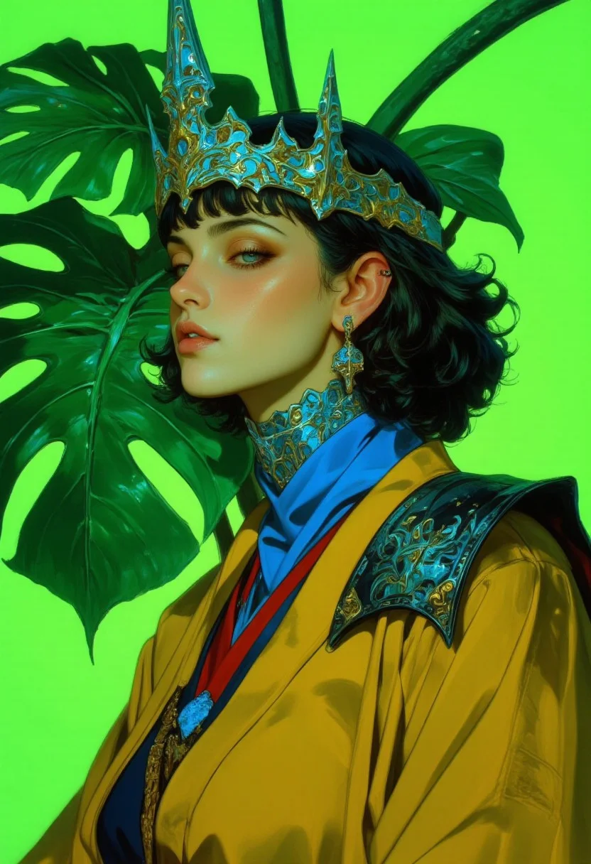 A hyper-realistic digital portrait inspired by the works of **Artgerm (Stanley Lau)** and **Hueman**, featuring a Mesopotamian-inspired woman with black curly hair styled in soft, defined waves, her face partially obscured by exaggerated, vibrant green leaves of a Monstera plant. She wears a surreal chrome crown of equal parts gold and silver, its intricate design towering in exaggerated surrealism. Her angled profile and upward tilt of the head evoke regal strength, while her bangs cascade over her forehead, partially veiling her closed eyes. Draped in a traditional robe of deep yellow with vivid red accents around her neck, she pairs it with an electric blue scarf wrapped elegantly around her chest. Her shoulder is adorned with an ornate black metal shoulder plate, its surface etched with glowing lava-like patterns, radiating a sense of otherworldly power. The Monstera leaves, both in front of her and extending into the lime-green backdrop, create an interplay of mystery and nature as their bold shapes partially obscure her face, blending seamlessly into the vivid, single-color background. The composition exudes an ethereal balance of surrealism, tradition, and modern artistic innovation. High quality rendering.