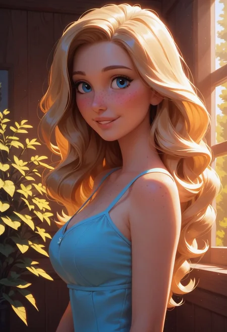 score_9,score_8_up,score_7_up,score_6_up, masterpiece, realistic, very detailed, 1girl, perfect blue eyes, happy, long wavy blonde hair, blush, eyelashes, freckles, large perky breasts, blue sundress, touching hair, model pose, fully body perspective, side view, expressive, shy smile, volumetric lighting, early morning, cozy bedroom, wall art, houseplant, trees outside