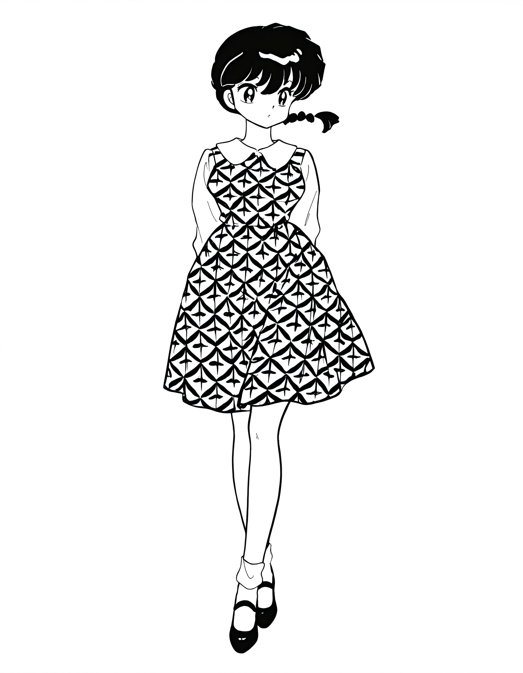 masterpiece, best quality, newest, absurdres, highres, anime coloring, colorful, anime, 1girl, solo, ranBWma, ranma, Attending a school field trip, sporting a light blue collared dress with a butterfly pattern, white ankle socks, and Mary Jane shoes,  <lora:Ranma-Manga-Illous:1>