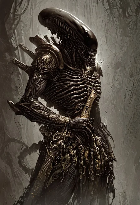 score_9, score_8_up, score_7_up, score_6_up, score_5_up, score_4_up,<lora:Fant5yP0ny:0.8>, xenomorphic creature from Lords of the Fallen, black templar armor, gold sword of Pieta, solo, gold eyes, blood on face, art by hr giger,
